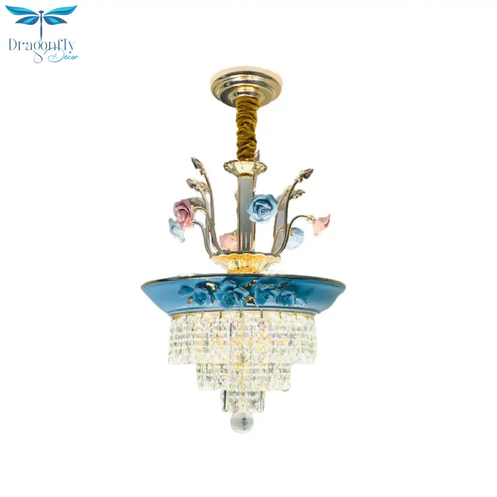 Antique Chandelier Crystal Drop Lamp With Handmade Rose Trim In Blue/Beige