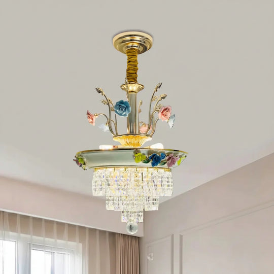 Antique Chandelier Crystal Drop Lamp With Handmade Rose Trim In Blue/Beige