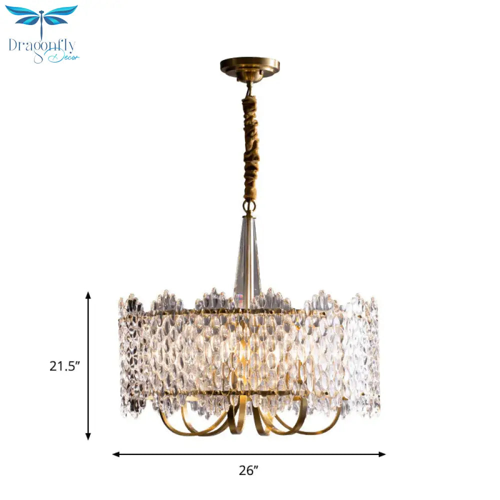 Antique Drum Suspension Lighting 6 - Bulb Clear K9 Crystal Chandelier Pendant Light In Gold