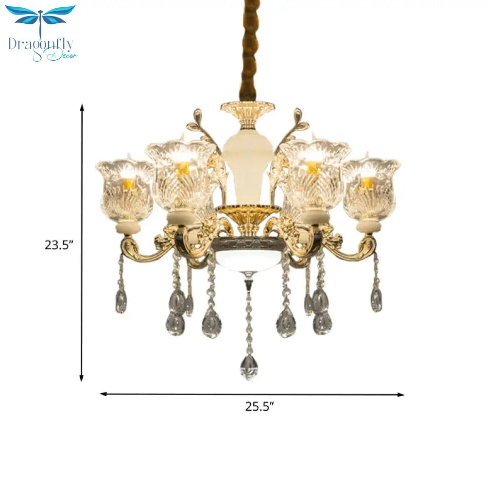 Antique Floral Pendant Chandelier 6 Lights Clear Glass Ceiling Hang Fixture In Gold With Dangling