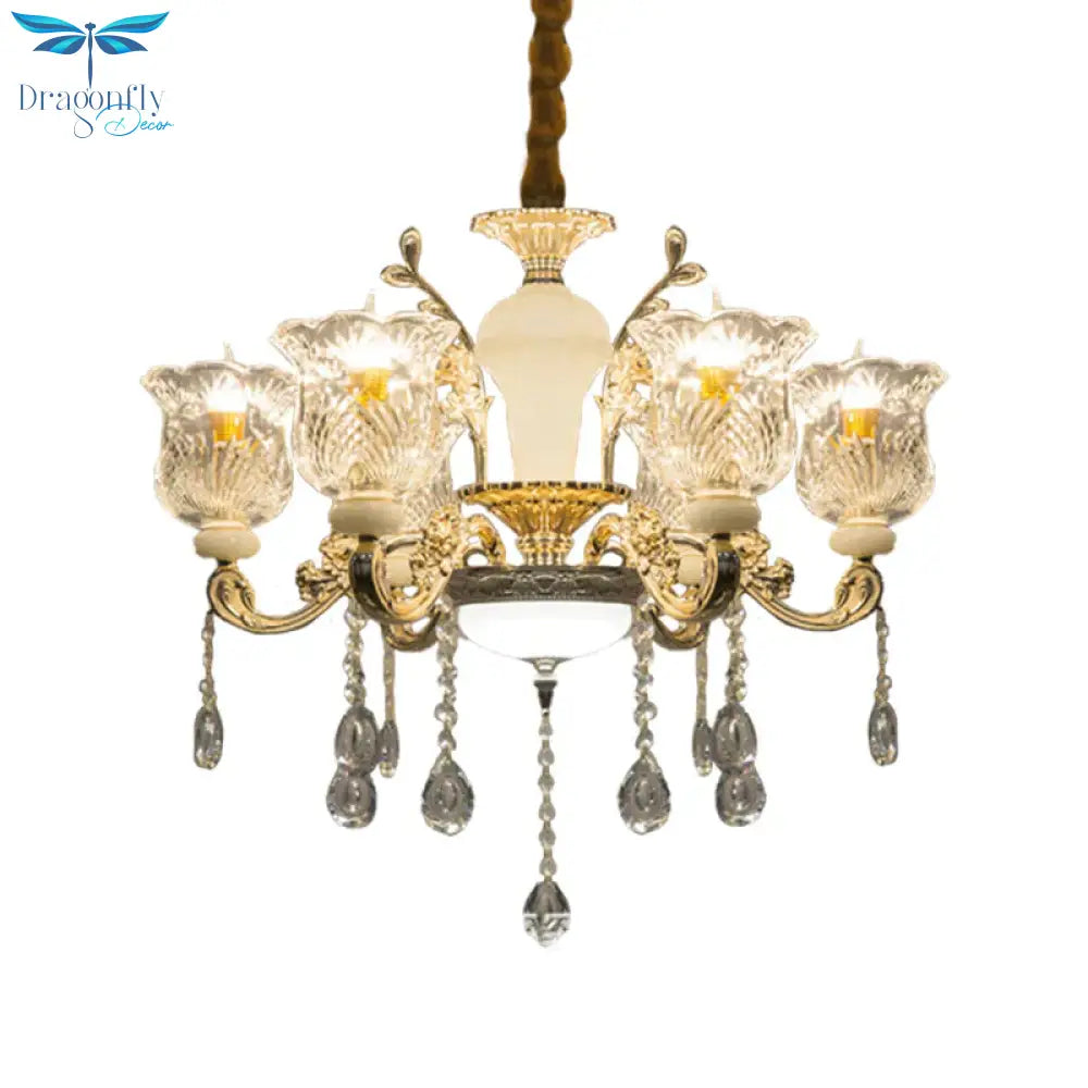 Antique Floral Pendant Chandelier 6 Lights Clear Glass Ceiling Hang Fixture In Gold With Dangling