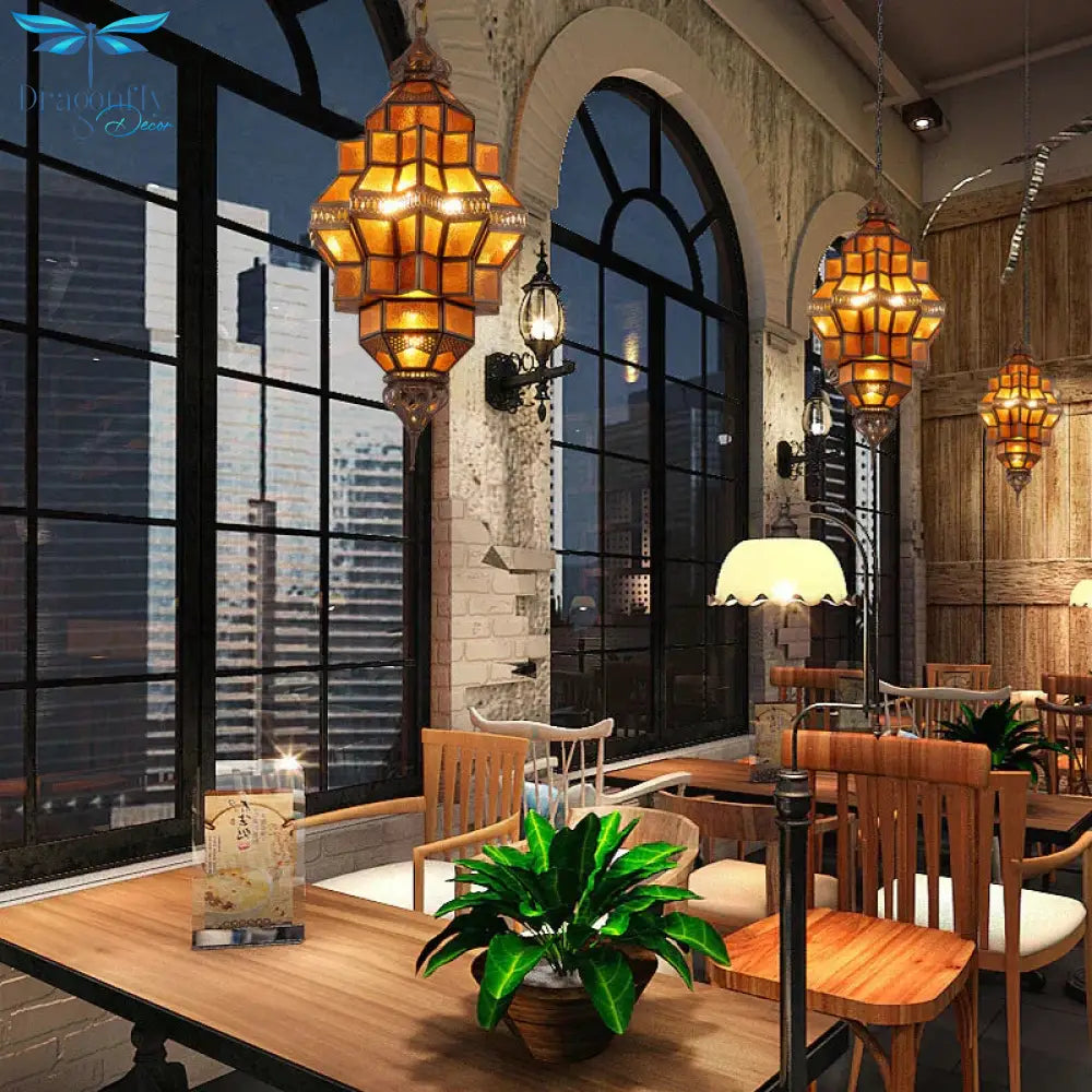 Antique Geometric Pendant Lamp 12 Bulbs Amber Textured Glass Ceiling Chandelier In Brass