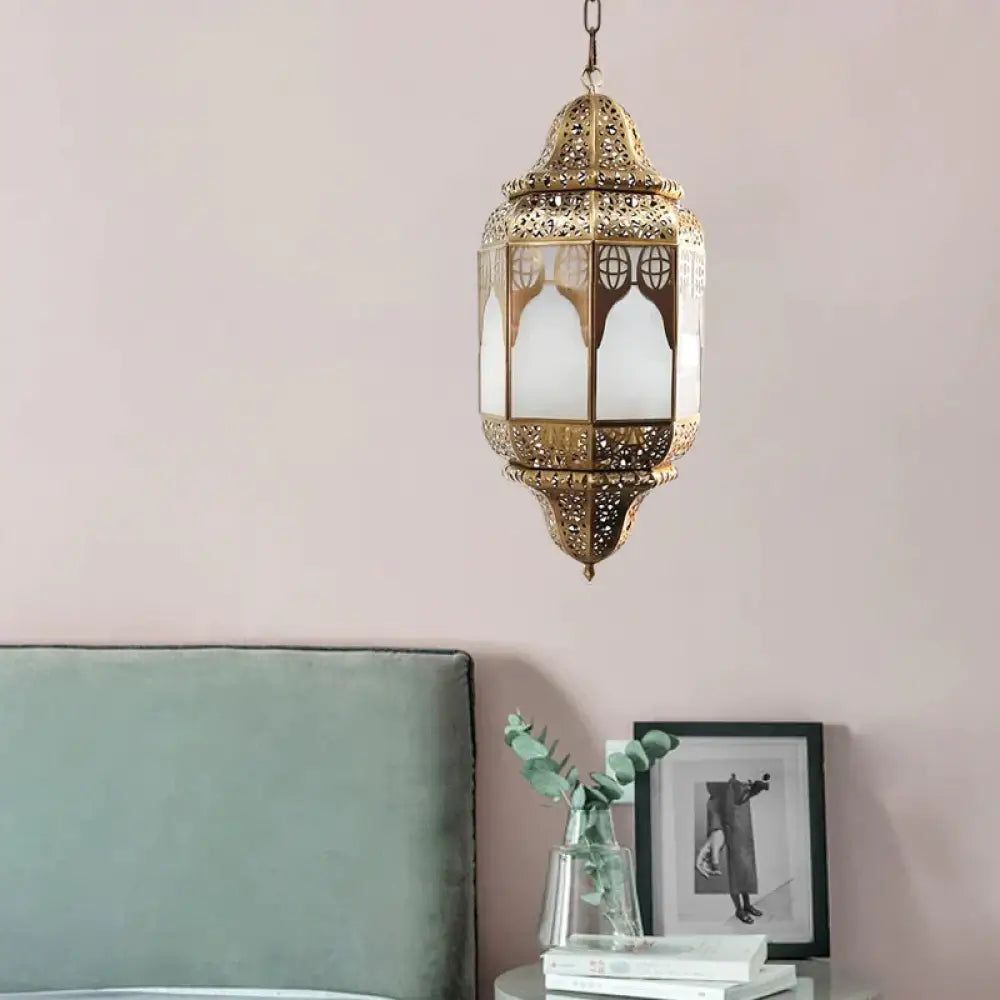 Antique Lantern Hanging Lamp 4 Bulbs Frosted Glass Ceiling Chandelier In Brass For Restaurant