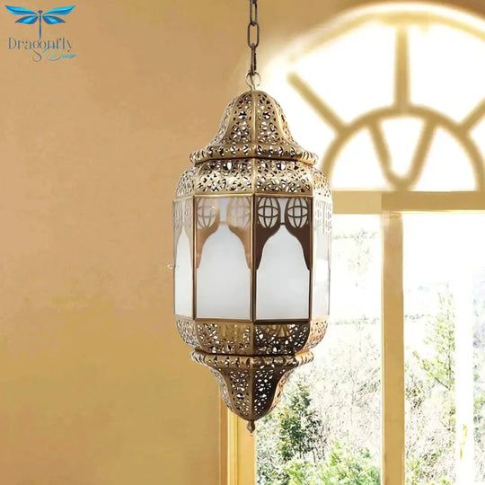 Antique Lantern Hanging Lamp 4 Bulbs Frosted Glass Ceiling Chandelier In Brass For Restaurant