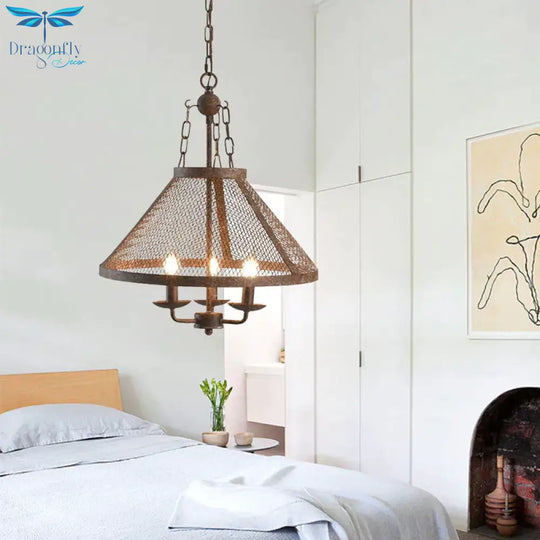Antique Mesh Flared Pendant Light With Candle 3 Lights Metal Chandelier Lamp In Dark Rust For