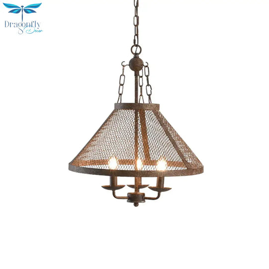 Antique Mesh Flared Pendant Light With Candle 3 Lights Metal Chandelier Lamp In Dark Rust For