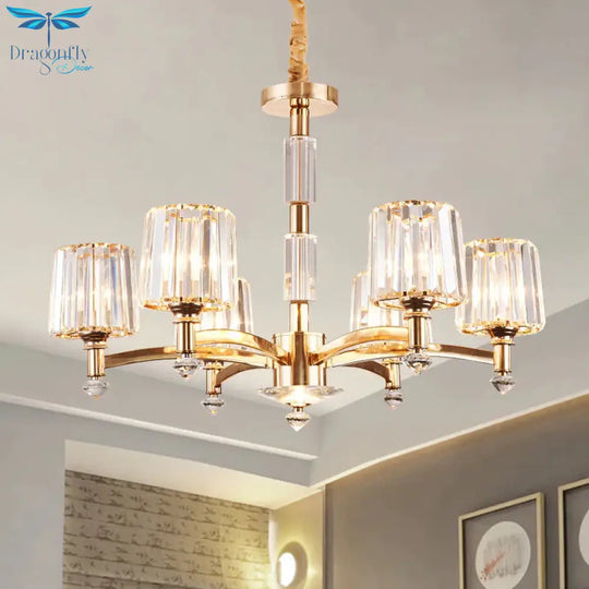 Antique Sputnik Pendant Lighting 6 Bulbs Clear Crystal Block Ceiling Chandelier In Gold For Bedroom
