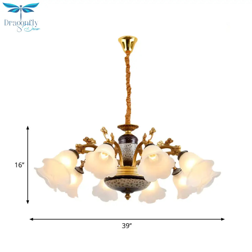 Antique Swooping Arm Chandelier Light 6/8/10 Bulbs Metal Ceiling Lamp In Black - Gold With Blossom