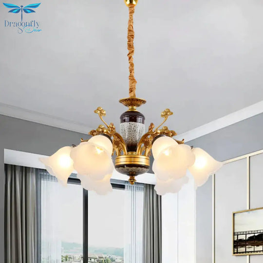 Antique Swooping Arm Chandelier Light 6/8/10 Bulbs Metal Ceiling Lamp In Black - Gold With Blossom