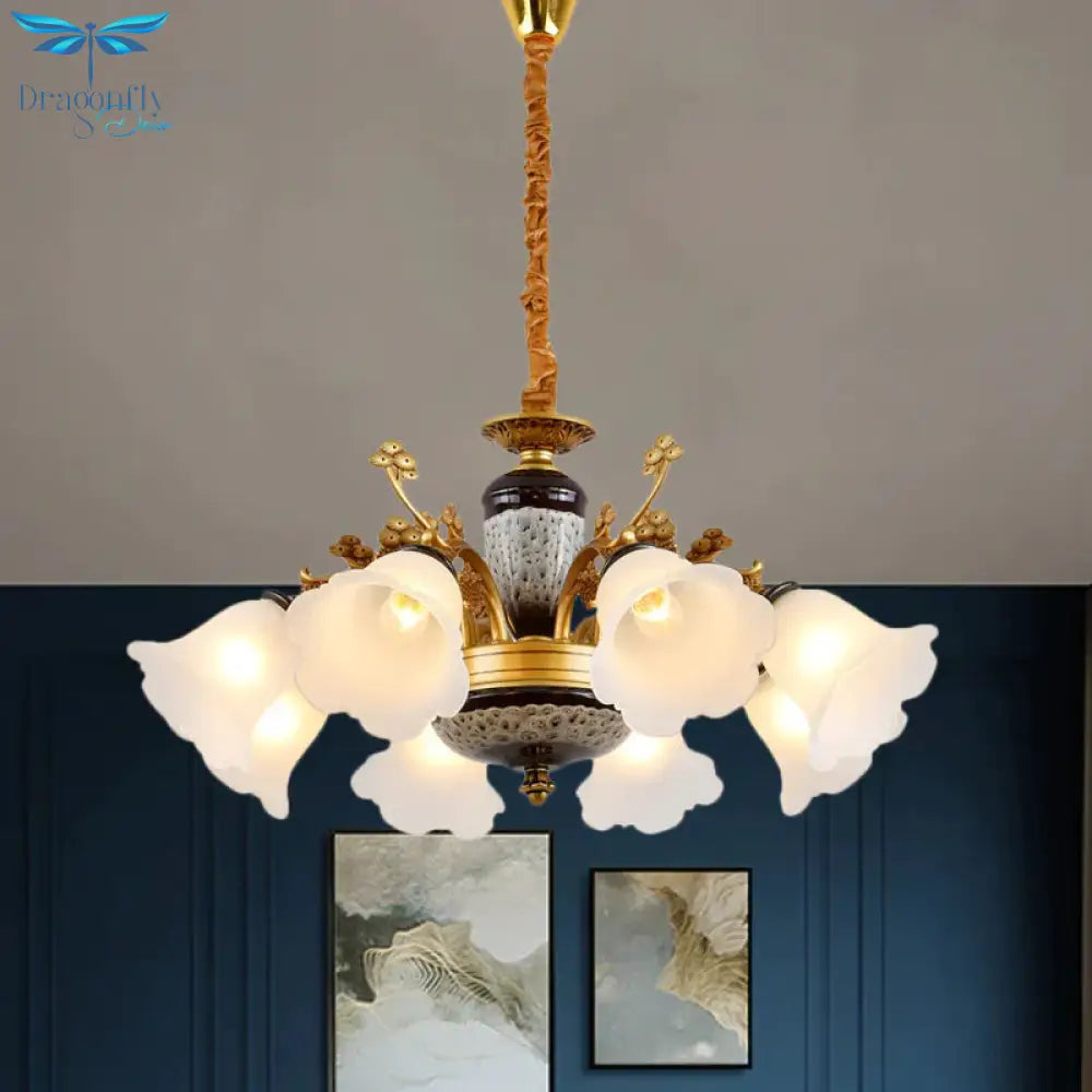 Antique Swooping Arm Chandelier Light 6/8/10 Bulbs Metal Ceiling Lamp In Black - Gold With Blossom