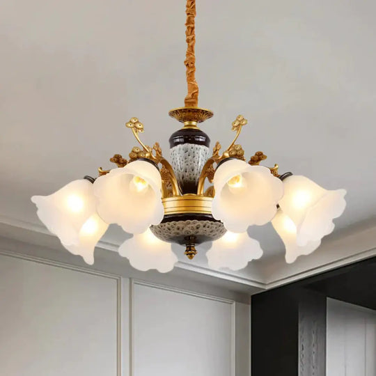 Antique Swooping Arm Chandelier Light 6/8/10 Bulbs Metal Ceiling Lamp In Black - Gold With Blossom