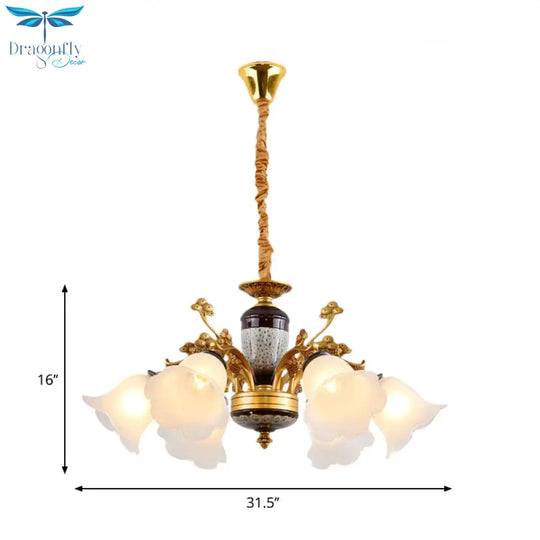 Antique Swooping Arm Chandelier Light 6/8/10 Bulbs Metal Ceiling Lamp In Black - Gold With Blossom