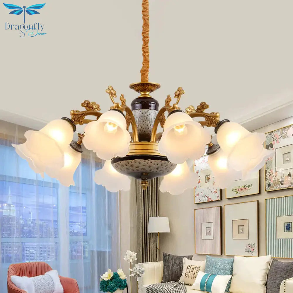 Antique Swooping Arm Chandelier Light 6/8/10 Bulbs Metal Ceiling Lamp In Black - Gold With Blossom