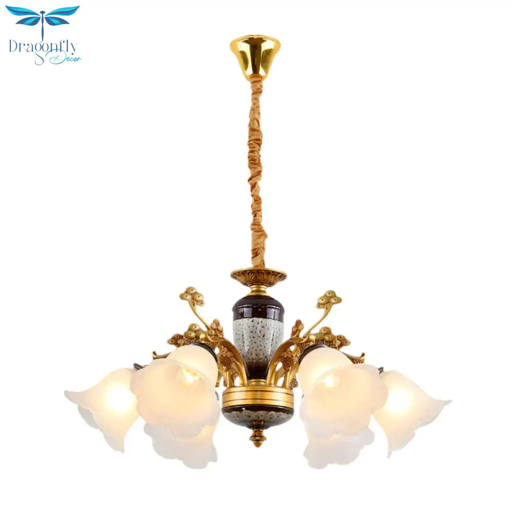 Antique Swooping Arm Chandelier Light 6/8/10 Bulbs Metal Ceiling Lamp In Black - Gold With Blossom