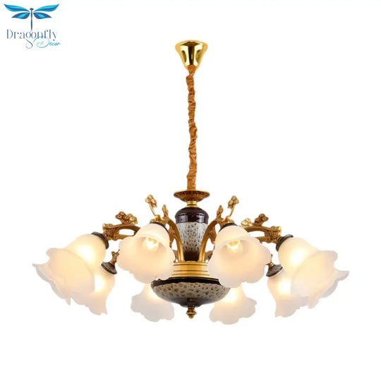 Antique Swooping Arm Chandelier Light 6/8/10 Bulbs Metal Ceiling Lamp In Black - Gold With Blossom