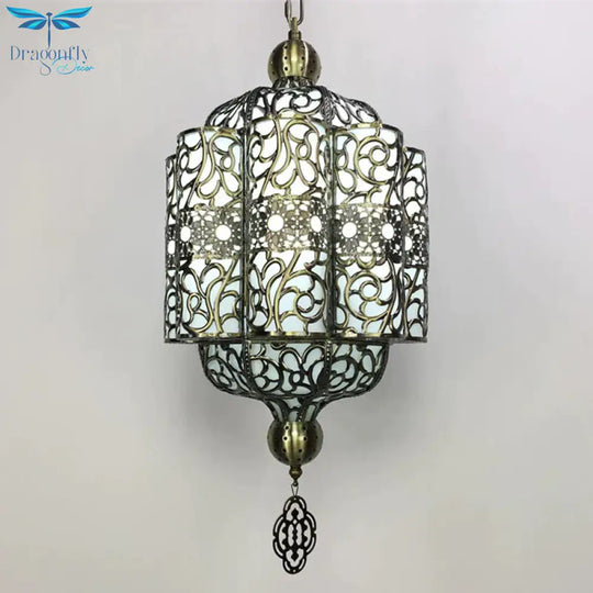 Antiqued Lantern Hanging Light Kit 4 Heads Metal Chandelier Lamp In Black With White Acrylic Shade