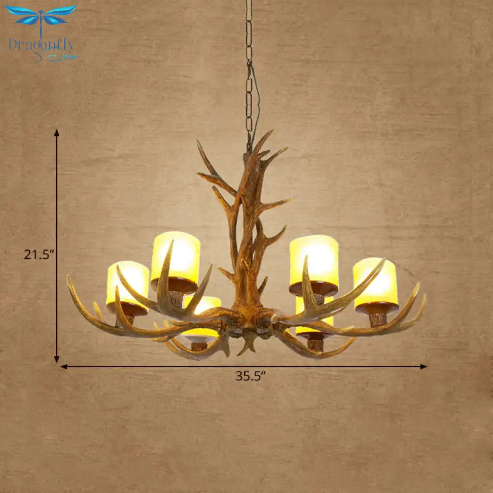 Antler Bedroom Chandelier Lighting Cottage Resin 4/6 Bulbs Brown Hanging Pendant Lamp