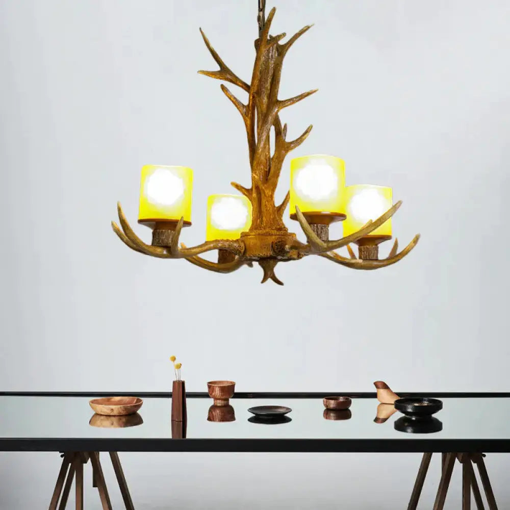 Antler Bedroom Chandelier Lighting Cottage Resin 4/6 Bulbs Brown Hanging Pendant Lamp