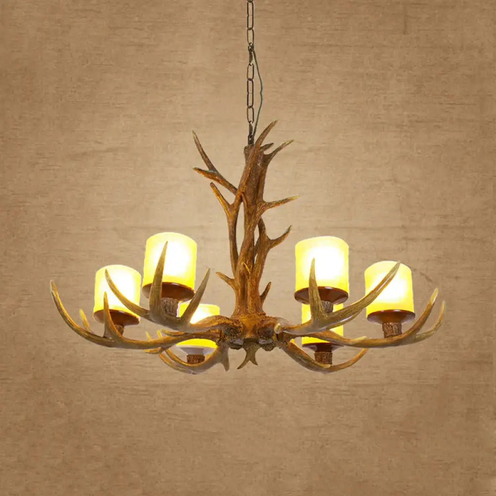 Antler Bedroom Chandelier Lighting Cottage Resin 4/6 Bulbs Brown Hanging Pendant Lamp