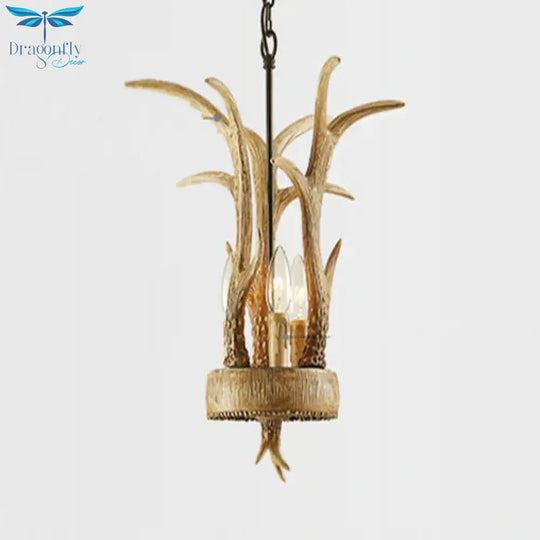 Antler Horn Chandelier Light Lodge Style 3 Lights Resin Pendant Lighting In Wood