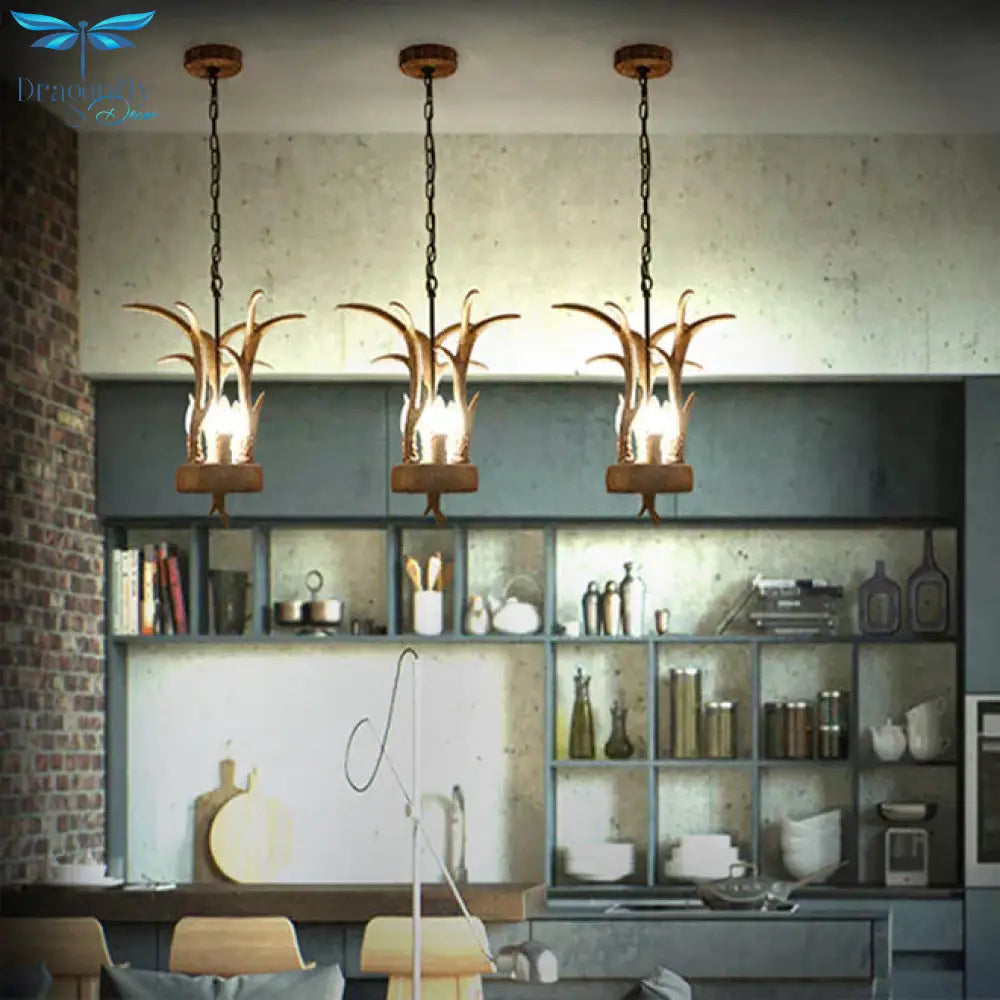 Antler Horn Chandelier Light Lodge Style 3 Lights Resin Pendant Lighting In Wood