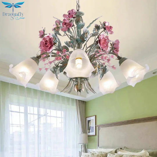 Aqua Floral Chandelier Lamp Pastoral Metal 3/5/8 Heads Living Room Led Ceiling Pendant Light