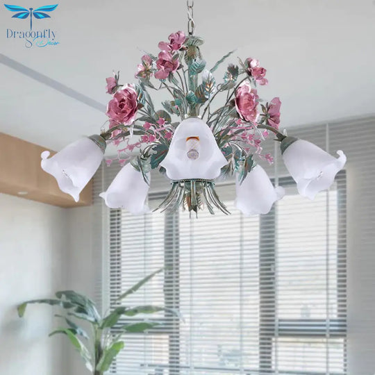 Aqua Floral Chandelier Lamp Pastoral Metal 3/5/8 Heads Living Room Led Ceiling Pendant Light