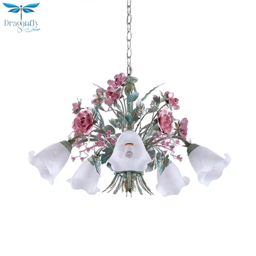 Aqua Floral Chandelier Lamp Pastoral Metal 3/5/8 Heads Living Room Led Ceiling Pendant Light