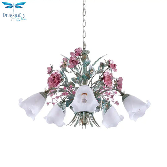 Aqua Floral Chandelier Lamp Pastoral Metal 3/5/8 Heads Living Room Led Ceiling Pendant Light