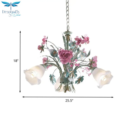 Aqua Floral Chandelier Lamp Pastoral Metal 3/5/8 Heads Living Room Led Ceiling Pendant Light