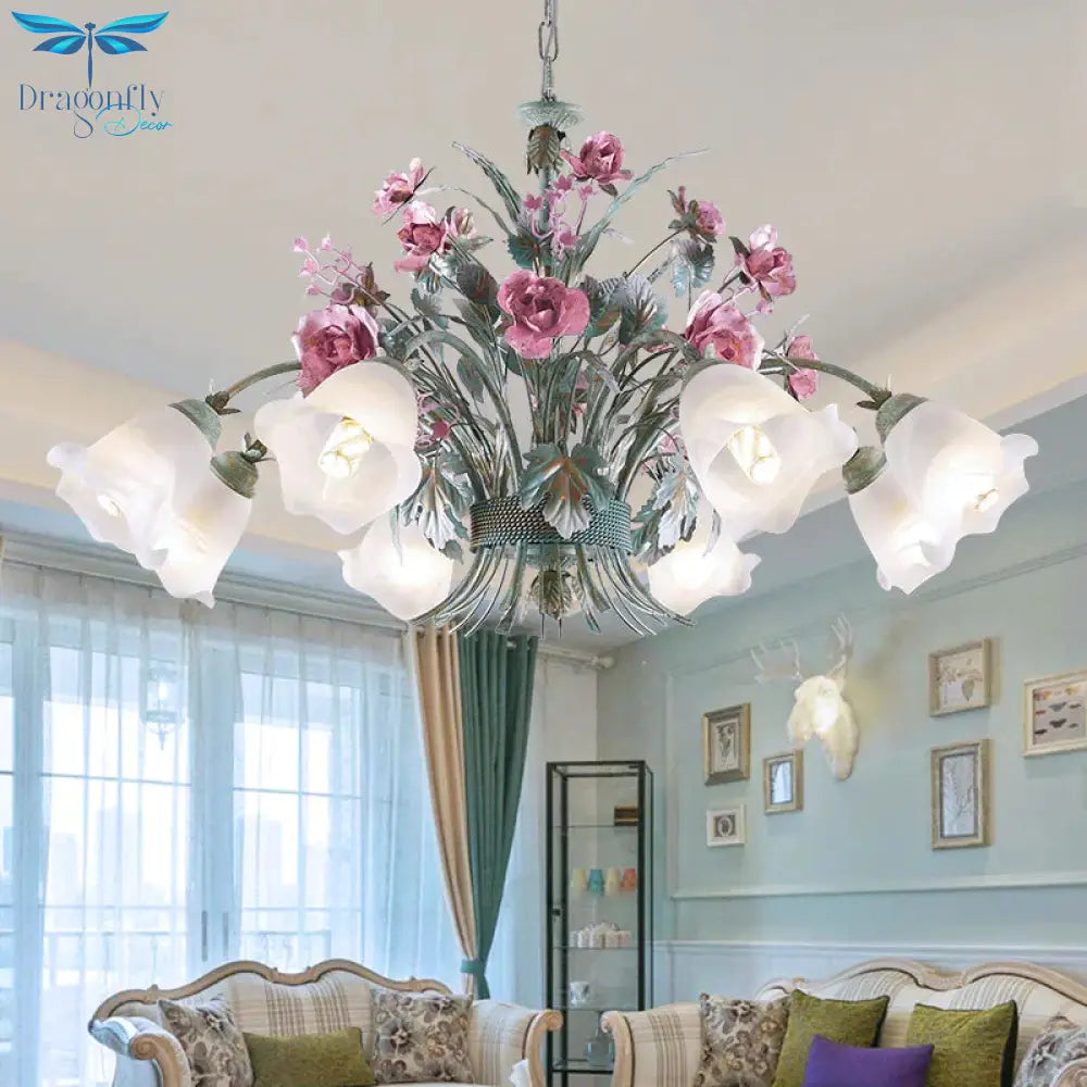 Aqua Floral Chandelier Lamp Pastoral Metal 3/5/8 Heads Living Room Led Ceiling Pendant Light