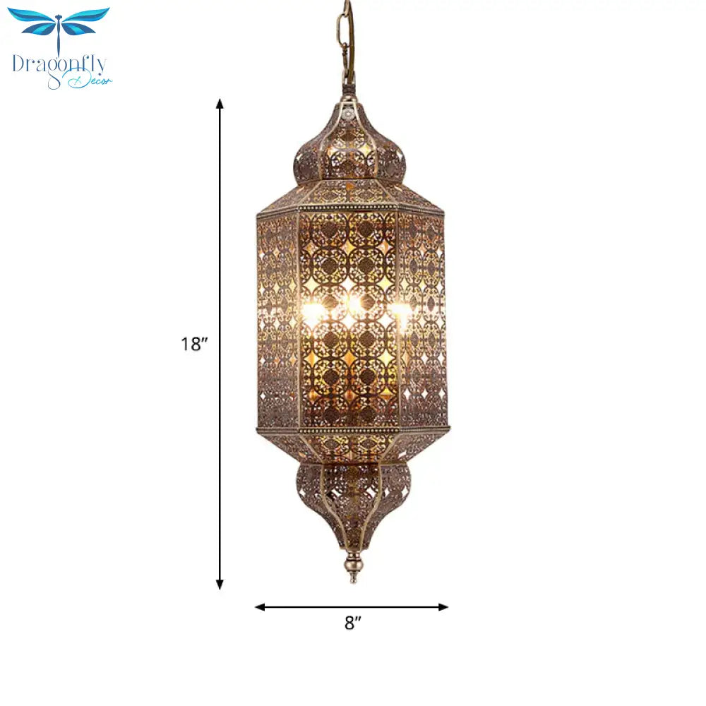 Arab Hexagonal Chandelier Light 3 - Bulb Metal Hanging Pendant In Brass With Hollow - Out Design