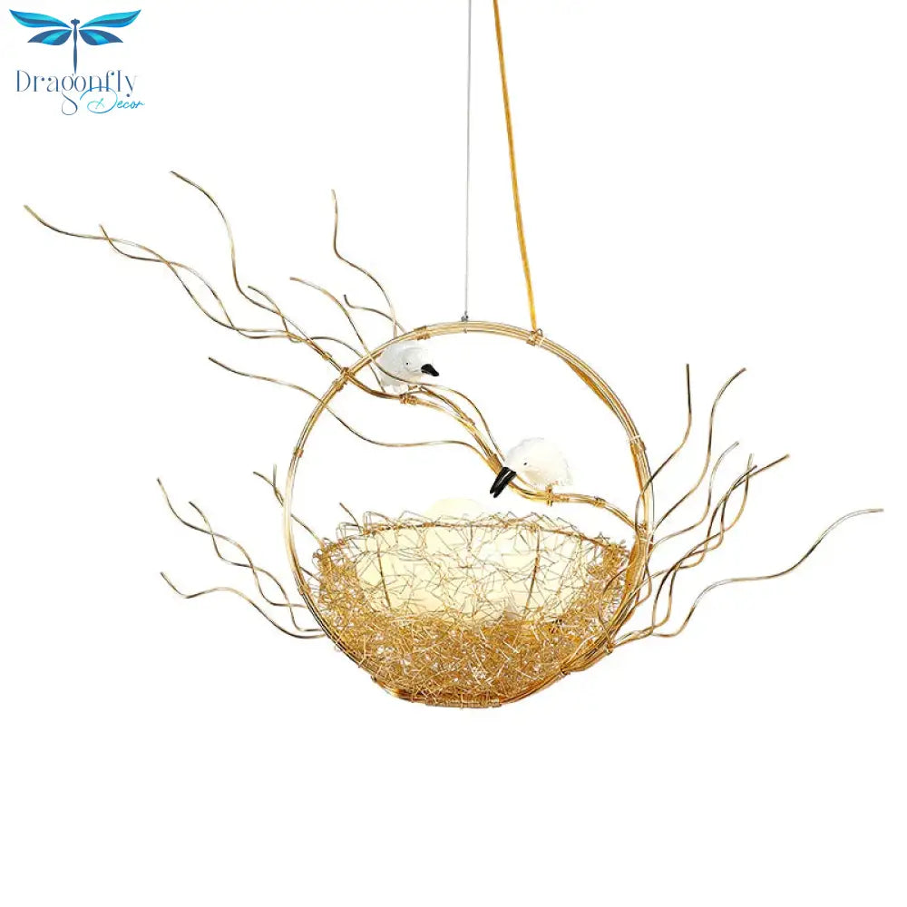 Artistry 3 - Light Chandelier Pendant Golden Aluminum Basket Hanging Lamp With Birds And Matte