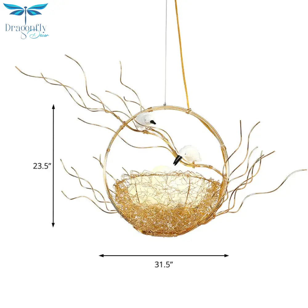 Artistry 3 - Light Chandelier Pendant Golden Aluminum Basket Hanging Lamp With Birds And Matte