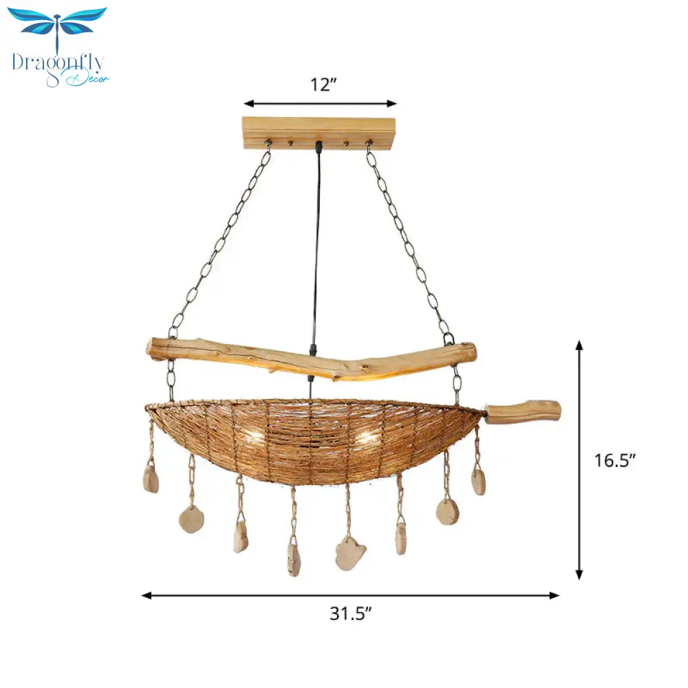 Asian Boat Shape Ceiling Chandelier Bamboo Rattan 2 Heads Restaurant Suspension Lamp In Flaxen With