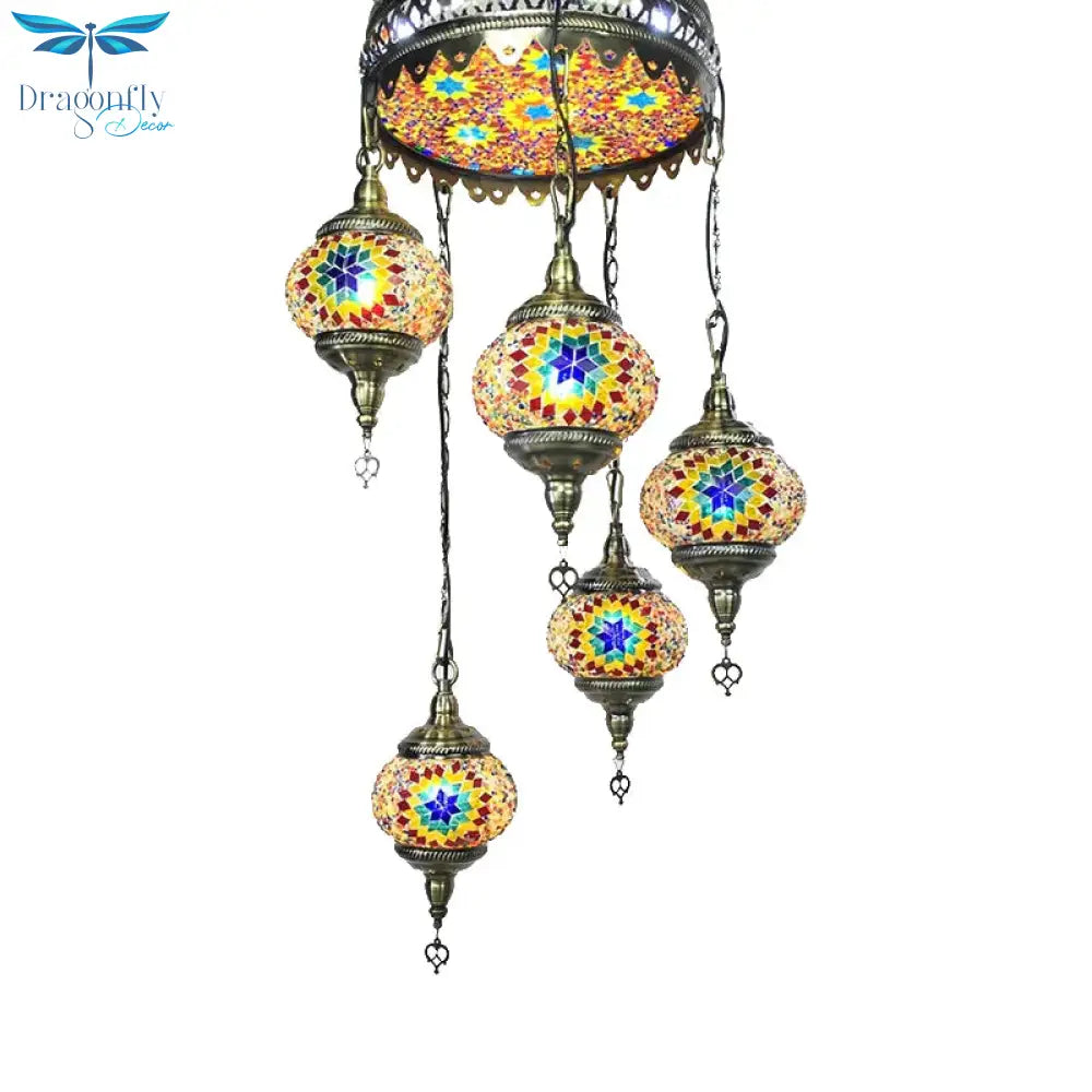 Ball Colorful Glass Hanging Chandelier Retro 6 Heads Bronze Ceiling Pendant Light For Restaurant