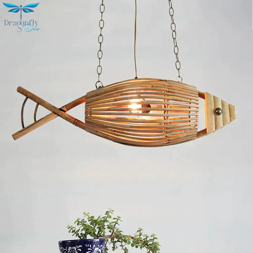 Bamboo Fish Cage Hanging Pendant Asian Style 2 - Head Beige Ceiling Chandelier For Dining Room