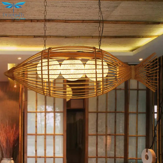Bamboo Fish Shaped Chandelier Lighting Asian Style 39’/57’ W 3 Bulbs Beige Hanging Light With