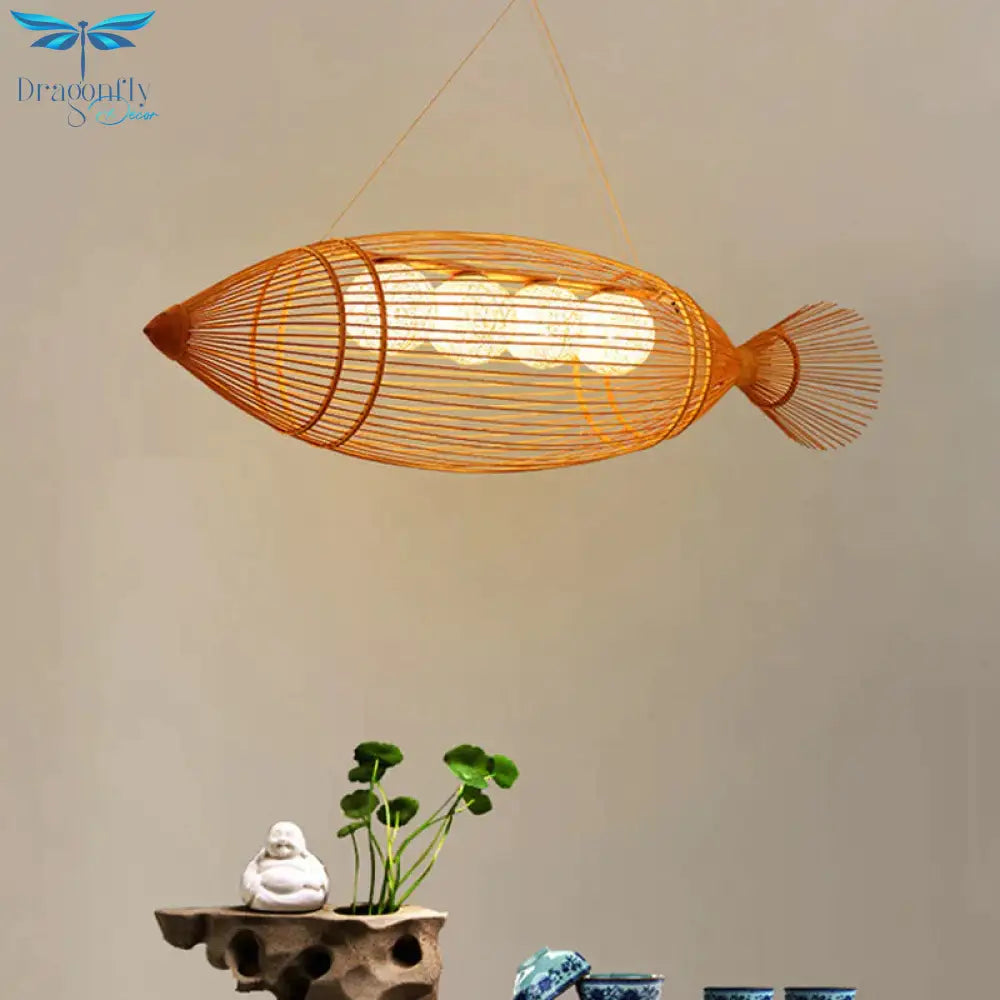 Bamboo Fish Shaped Chandelier Lighting Asian Style 39’/57’ W 3 Bulbs Beige Hanging Light With