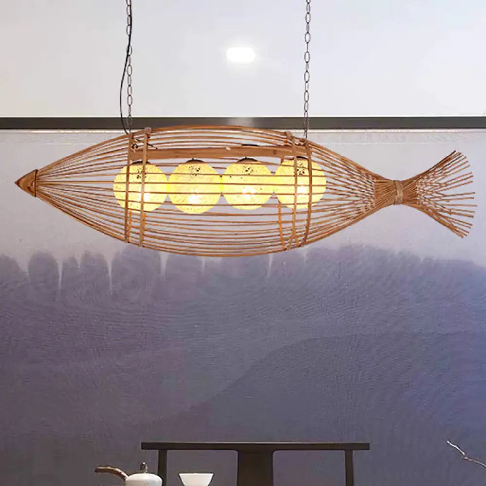 Bamboo Fish Shaped Chandelier Lighting Asian Style 39’/57’ W 3 Bulbs Beige Hanging Light With