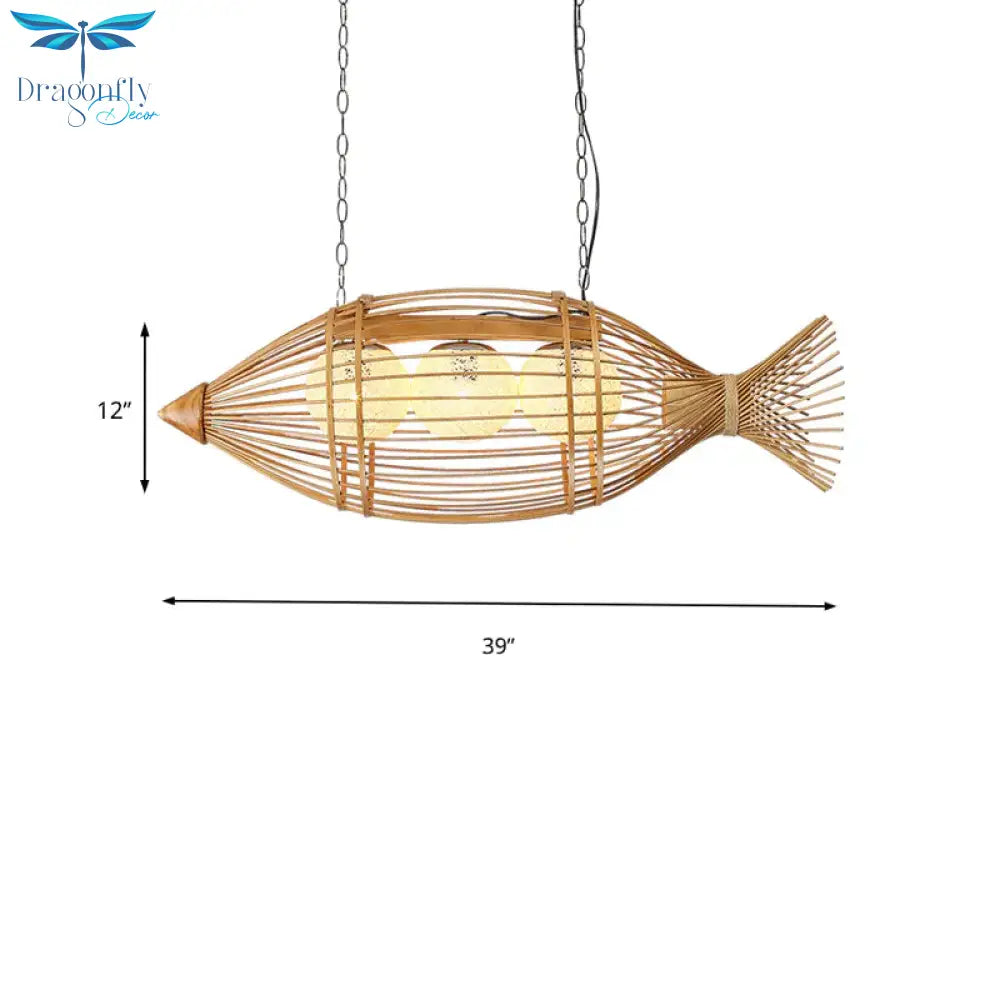 Bamboo Fish Shaped Chandelier Lighting Asian Style 39’/57’ W 3 Bulbs Beige Hanging Light With