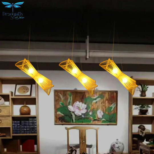Bamboo Laser Cut Pendant Chandelier Asian Style 2 Heads Beige Suspension Lamp For Restaurant