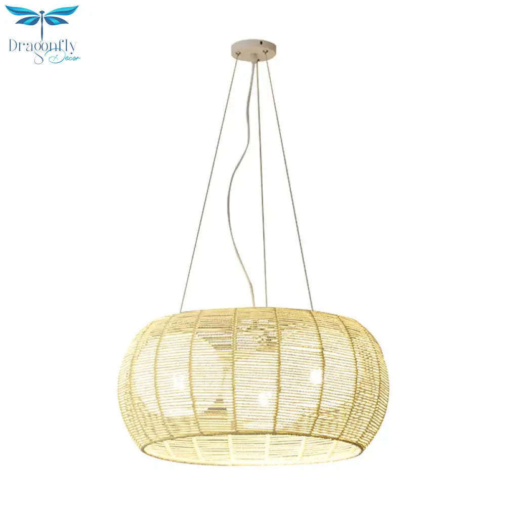 Bamboo Rattan Drum Pendant Chandelier Asian 3 Lights Hanging Ceiling Lamp In Beige For Restaurant