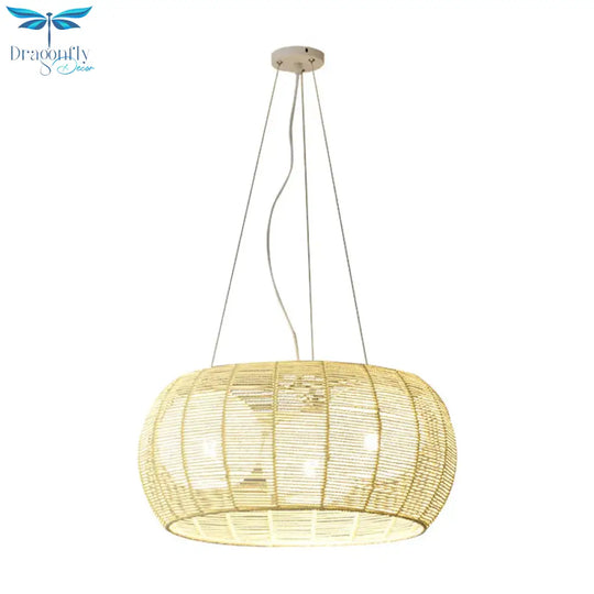 Bamboo Rattan Drum Pendant Chandelier Asian 3 Lights Hanging Ceiling Lamp In Beige For Restaurant