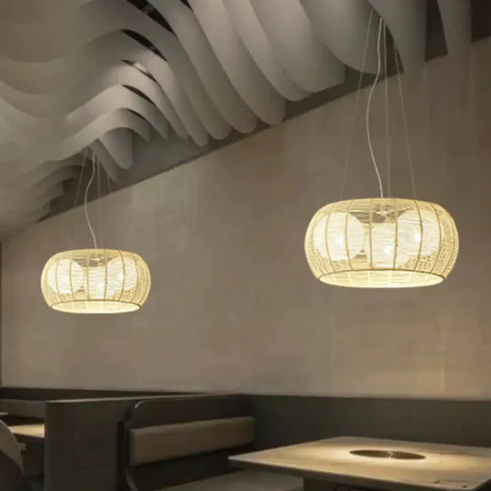 Bamboo Rattan Drum Pendant Chandelier Asian 3 Lights Hanging Ceiling Lamp In Beige For Restaurant