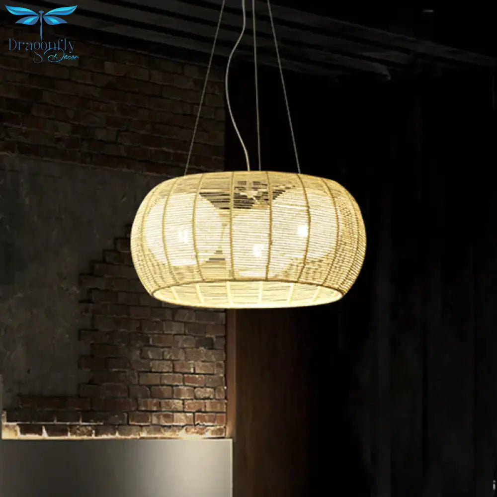 Bamboo Rattan Drum Pendant Chandelier Asian 3 Lights Hanging Ceiling Lamp In Beige For Restaurant