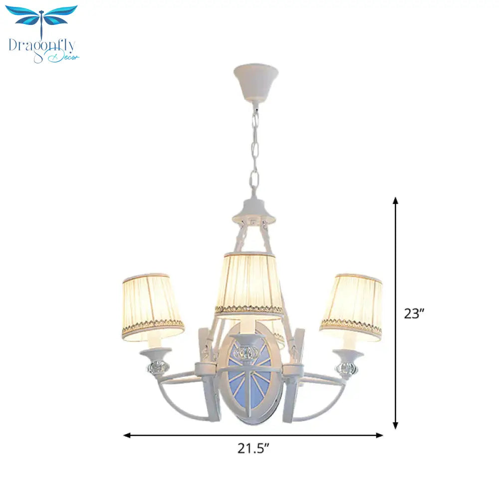 Barrel Chandelier Lamp Children Pleated Fabric 4 Heads White Suspension Light With Wheel Design