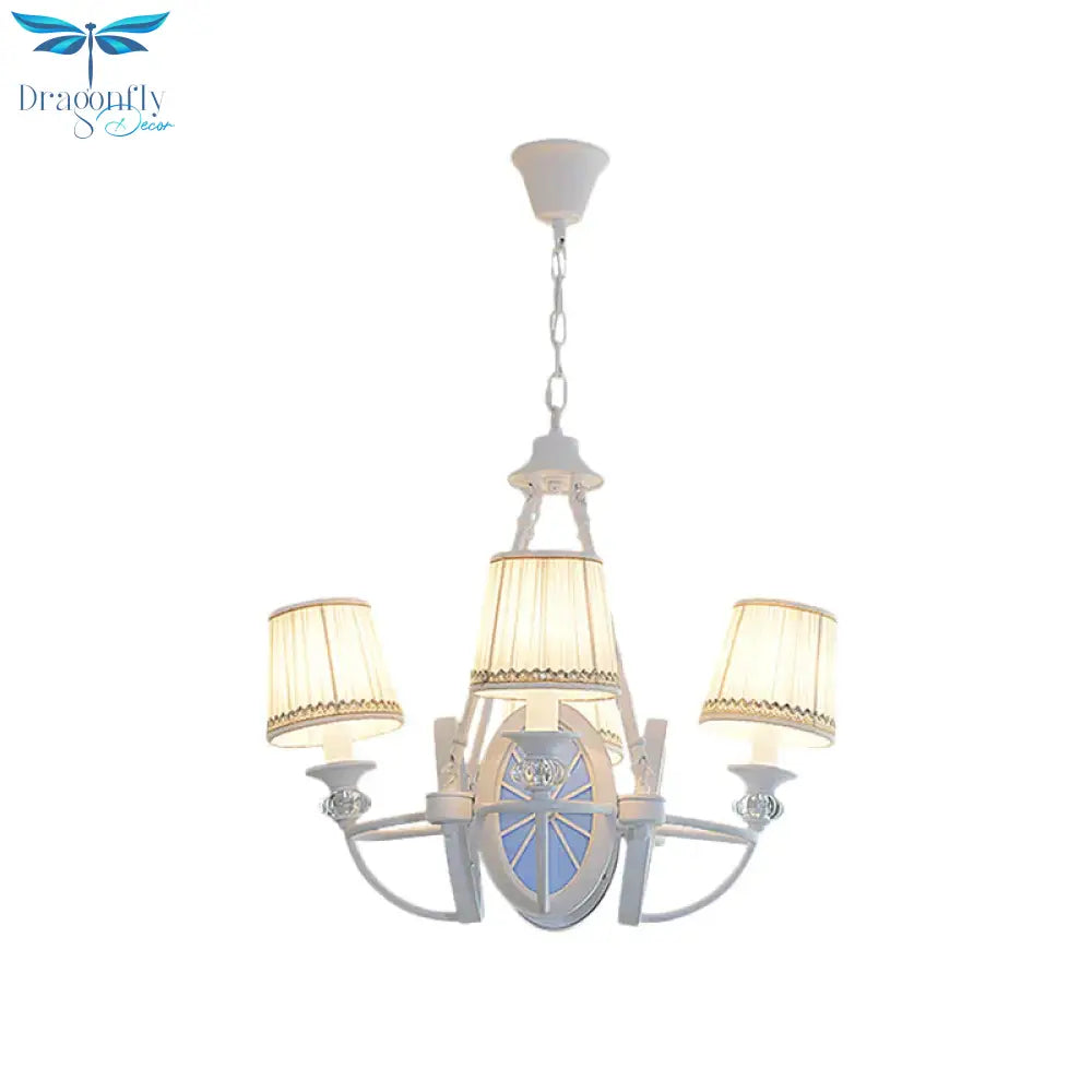 Barrel Chandelier Lamp Children Pleated Fabric 4 Heads White Suspension Light With Wheel Design