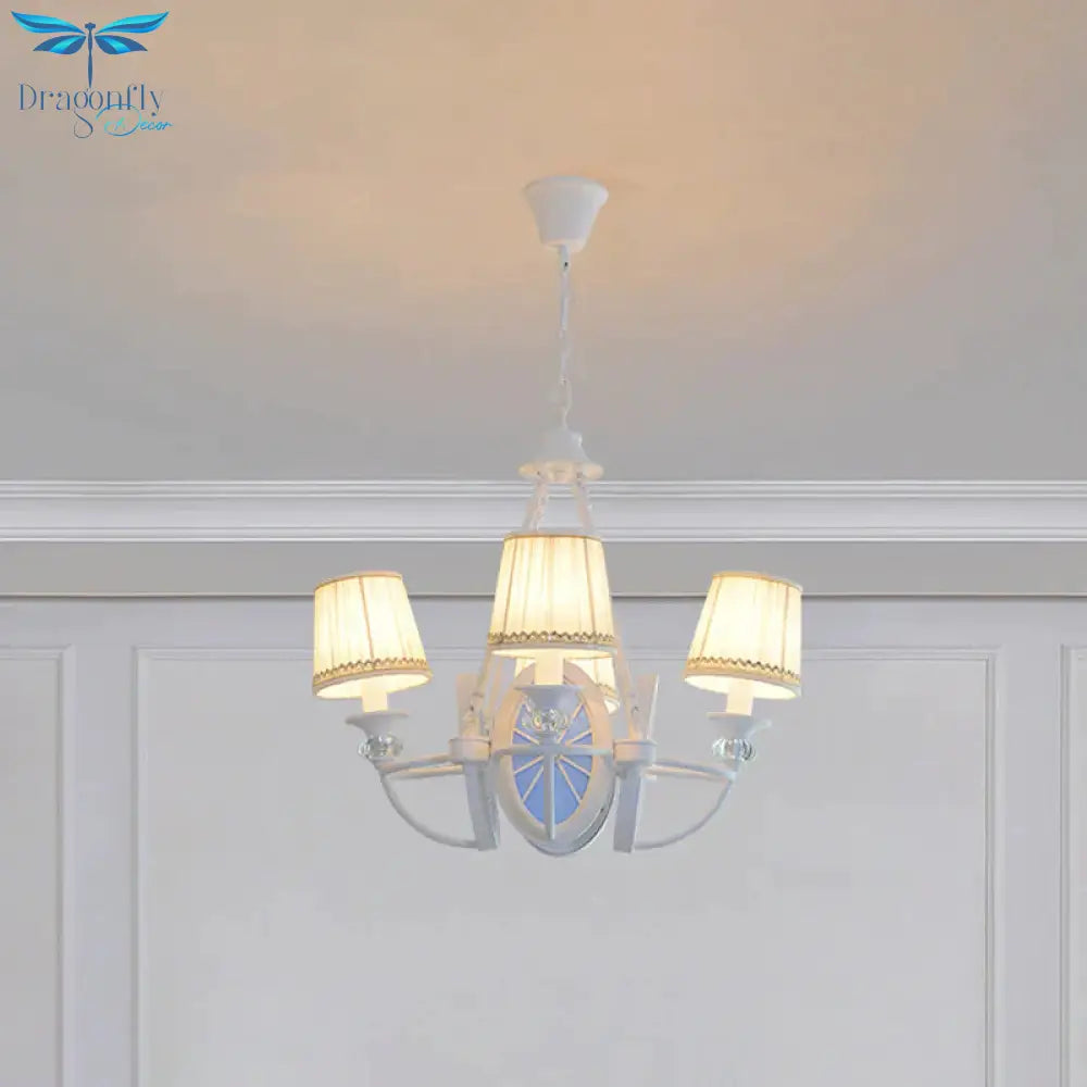 Barrel Chandelier Lamp Children Pleated Fabric 4 Heads White Suspension Light With Wheel Design