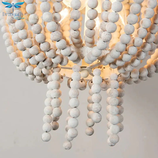 Beaded Bowl Shape Ceiling Pendant French Country 4 Lights Living Room White Wood Chandelier Lamp
